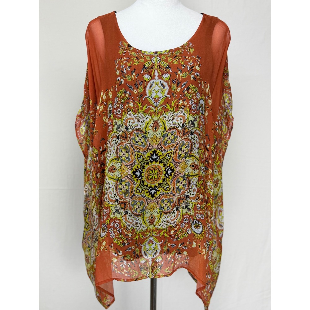 Karen Kane Women's Top 1X Orange Paisley Mandala Chiffon Layered Tank 2L15593W